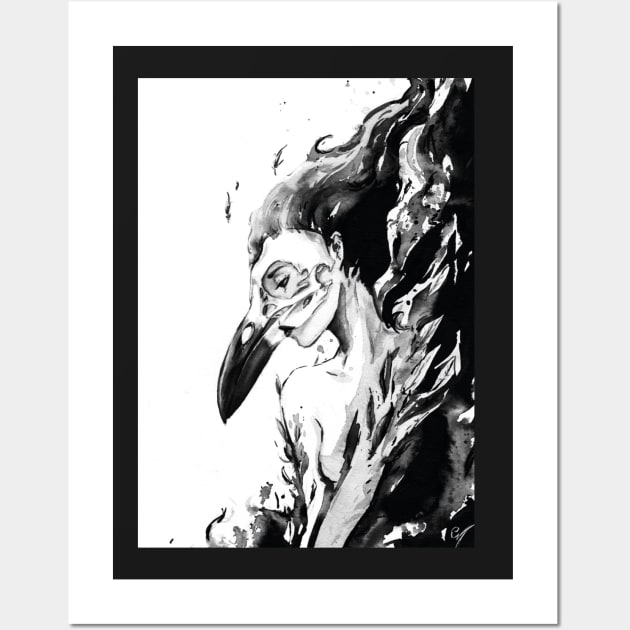 Raven Girl - Black Magic Skull Ink Painting Wall Art by mendic